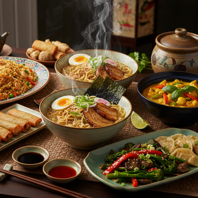 freshly cooked asian food with a variety of dishes
