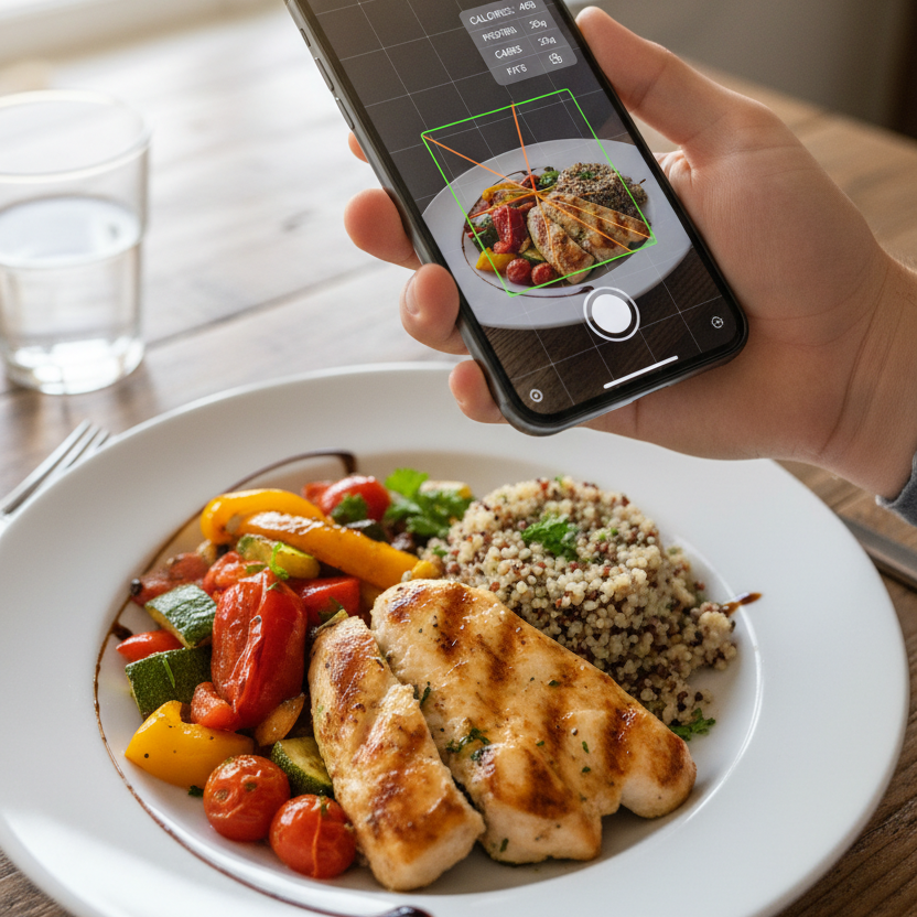 mobile taking picture of freshly cooked food to scan to check calories and nutrition content
